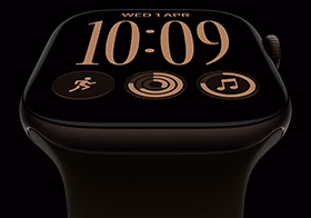 Apple Watch Series 12, aluminium case, dark bronze colour, Modular watch face, complications: day and date, Workouts, Activity rings, Apple Music, right side exterior, Digital Crown, Sport Band, olive colour