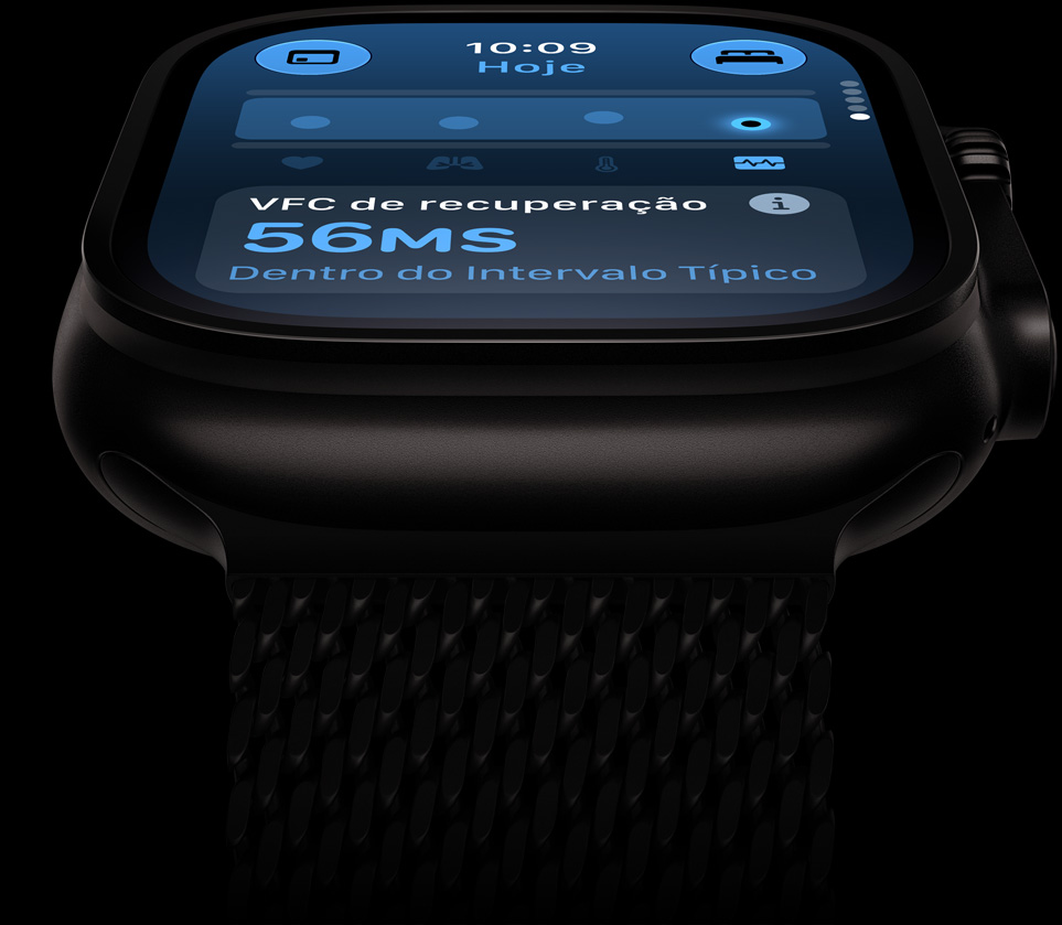 Apple Watch Ultra 4 com caixa preta de titânio, VFC no padrão habitual, pulseira preta estilo milanês de titânio