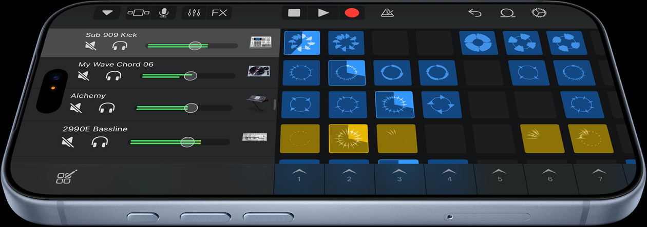 iPhone 18 Pro na cor glacial mostrando a interface de usuário do app de produção musical Logic Pro