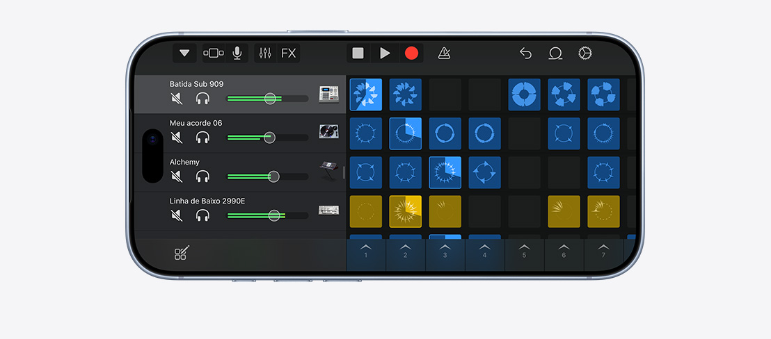Parte da frente do iPhone 18 Pro na cor glacial na posição horizontal com o app GarageBand em uso