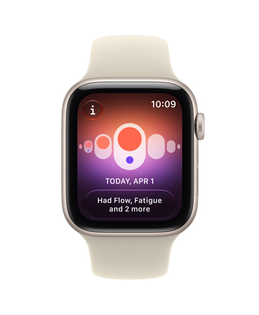 Apple Watch SE 3, aluminum case, starlight colour, screen shows health tracking (cycle tracking), right side exterior, Digital Crown dial, Sport Band, sand colour (pale tan)