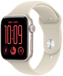 Apple Watch SE 3, boîtier en aluminium, couleur comète, cadran Modulaire, complications : jour et date, entraînements, anneaux d’activité, température, côté droit, couronne Digital Crown, bouton latéral, bracelet sport, couleur sable