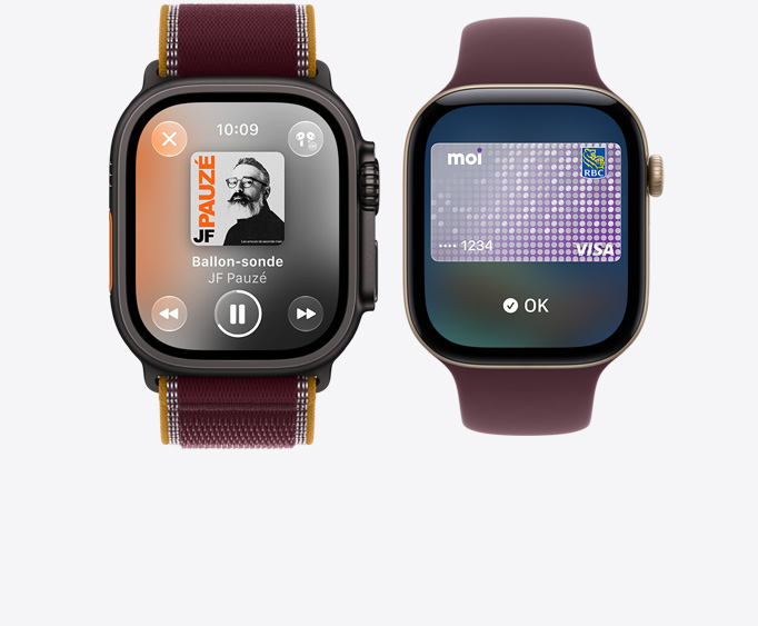 Apple Watch Ultra 4, boîtier en titane, couleur noir, app Apple Music, écran de lecture, bracelet Sentier, couleur bourgogne; Apple Watch Series 12, boîtier en aluminium, couleur or clair, écran Apple Pay, carte Apple Card, bracelet sport à rabat, couleur bourgogne