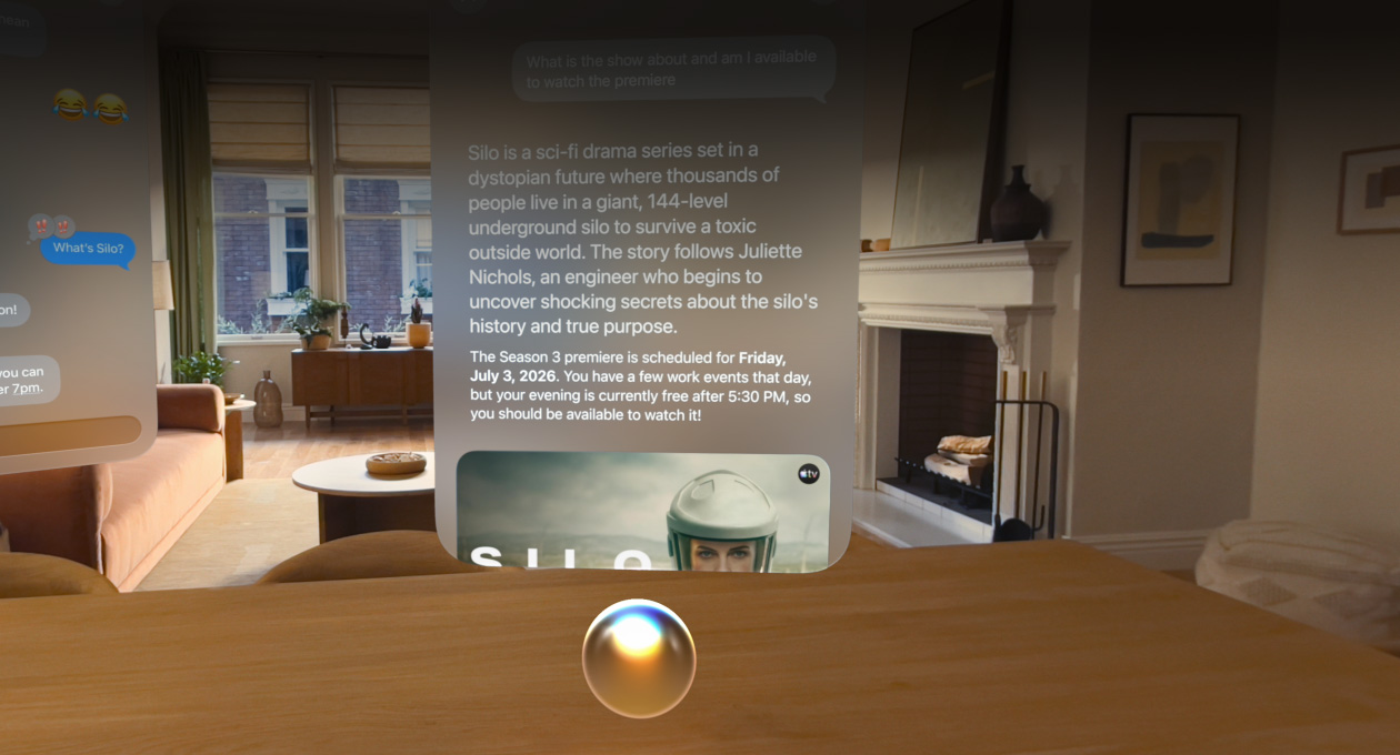 Apple Vision Pro being used in a living room, Messages conversation open to the left, Siri hovering over a bar counter in front of the user, a window above Siri shows a query and a response