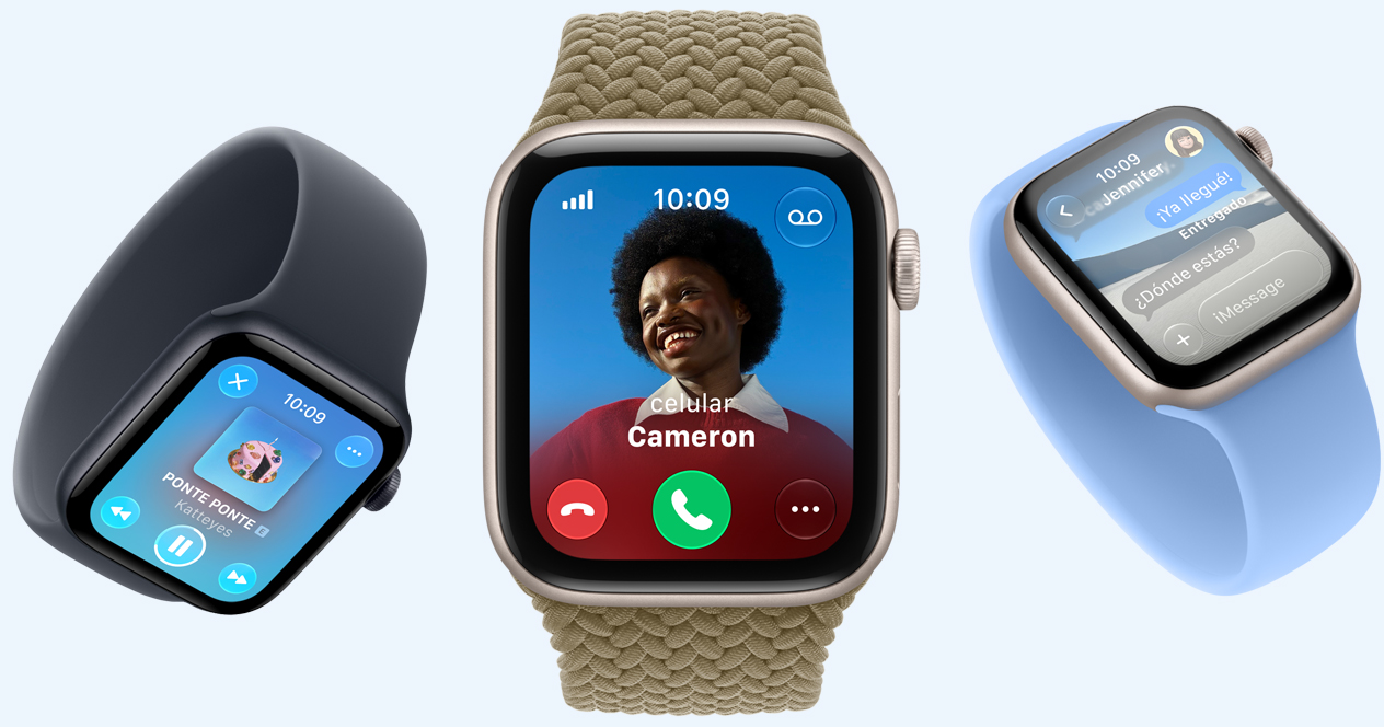 Dispositivos Apple Watch SE 3, cajas de aluminio, colores blanco estelar y medianoche, las pantallas muestran Apple Music, una llamada entrante, Mensajes, correas: correa uniloop, colores azul marino y azul flores silvestres, correa uniloop trenzada, color oliva (verde tierra)