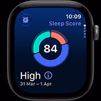 Apple Watch Series 12, pouzdro z vesmírně šedého hliníku, kruhový graf spánkového skóre, na pravém boku korunka Digital Crown