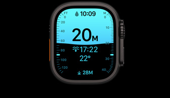 Apple Watch Ultra 4, titanové pouzdro, černá barva, aplikace Hloubka se zobrazenými potápěčskými ukazateli, na pravém boku korunka Digital Crown, vyvýšené boční tlačítko