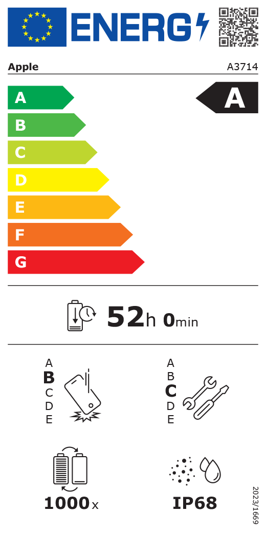 QR kód a informace na energetickém štítku EU, model Apple A3714, třída A, třídy energetické účinnosti (se stupnicí od A do G), A (nejvyšší účinnost) až G (nejnižší účinnost), výdrž baterie na jeden cyklus, 52 hodin a 0 minut na plné nabití baterie, třída spolehlivosti při opakovaném volném pádu B, A (nejvyšší odolnost) až E (nejnižší odolnost), třída opravitelnosti C, A (nejlepší opravitelnost) až E (nejhorší opravitelnost), životnost baterie 1000 cyklů, stupeň ochrany proti vniknutí prachu a vody (IP) IP68, nařízení 2023/1669