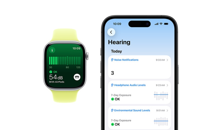 Apple Watch Series 11, černý sportovní řemínek, software zobrazuje měření hluku, vedle je iPhone 16, zobrazené softwarové položky Sluch, Hladiny zvuku v okolí a Prostředí
