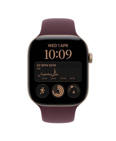 Apple Watch Series 12, hliníkové pouzdro, světle zlatá barva, aplikace Srdeční tep, průměrná HRV 72 ms, sportovní řemínek, burgundsky červená barva