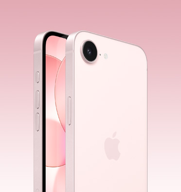 Přední a zadní strana jemně růžového iPhonu 17e, je vidět část obrazovky, celá zadní strana s logem Apple a jedním fotoaparátem a na boku akční tlačítko a boční tlačítka včetně tlačítek hlasitosti