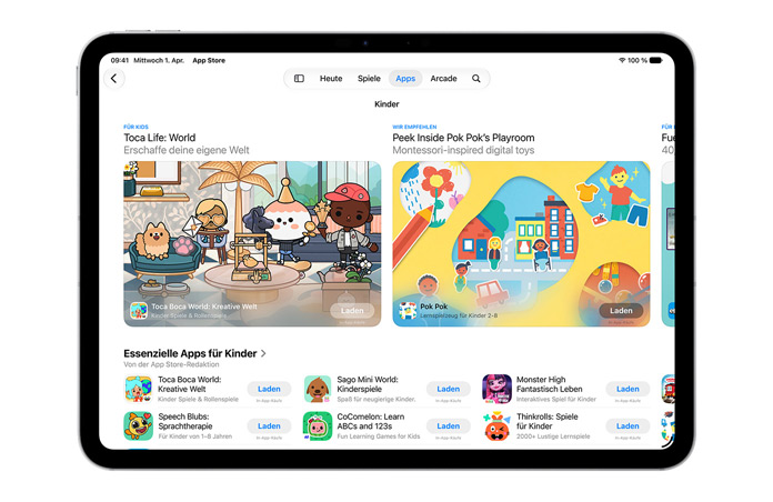 Bildschirm, der den Bereich Essenzielle Apps für Kinder im App Store anzeigt.
