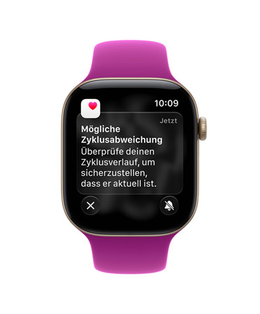 Apple Watch Series 12, Aluminiumgehäuse, Farbe Lichtgold, Mitteilung zu möglichen Zyklusabweichung, Sportarmband, Farbe Magenta