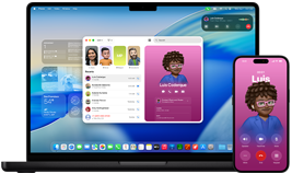 MacBook Pro ja iPhone 16 Plus, rakendus Phone on avatud, sama kontakti kuvatakse mõlemal ekraanil