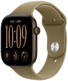Apple Watch Series 12, caja de aluminio, color bronce oscuro, esfera Modular, complicaciones: fecha y día, Entrenos, frecuencia cardiaca, disposición, lateral derecho, Digital Crown, botón lateral, correa deportiva, color verde oliva