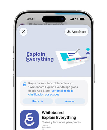 Un iPhone muestra la página de producto de Explain Everything Whiteboard en el App Store, con un mensaje que invita a rechazar o aceptar el acceso para una Cuenta Infantil.