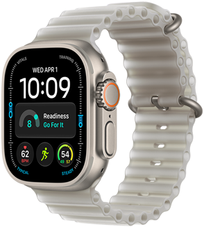 Apple Watch Ultra 4, titaanikuori, värinä luonnonvaalea, Moduulit-kellotaulu, komplikaatiot: päivä ja päivämäärä, valmiustaso, syke, juoksutreeni, sää, näkymä oikeasta sivusta, Digital Crown, koholla oleva sivupainike, Ocean-ranneke, värinä kuultoharmaa