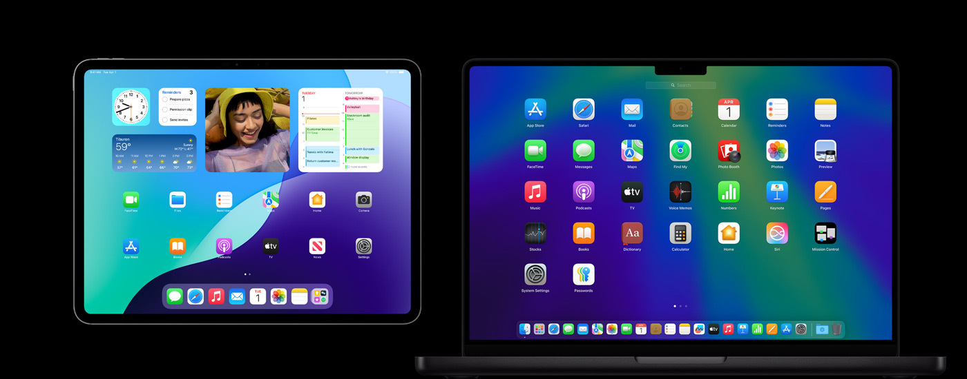 Ein iPad und ein Mac mit verschiedenen App Symbolen. Das iPad zeigt verschiedene Widgets, darunter Kalender, Wetter und Fotos.