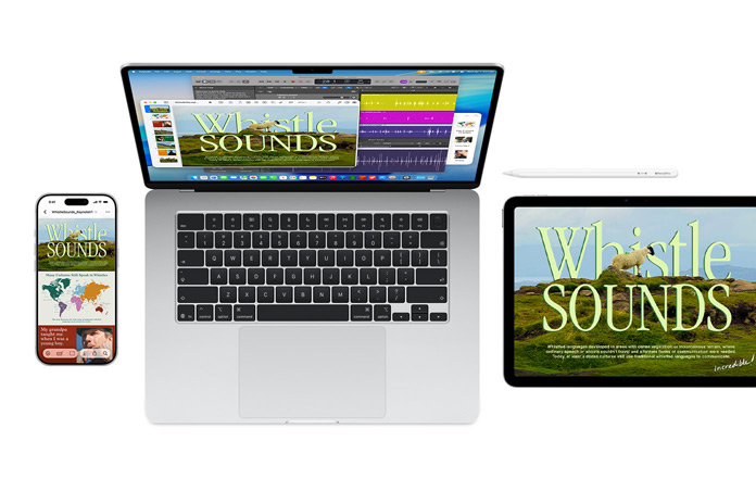 Ein Mac, ein iPhone und ein iPad zeigen auf ihren Displays dasselbe Projekt zu Pfeifgeräuschen und demonstrieren, wie nahtlos Apple Geräte zusammenarbeiten