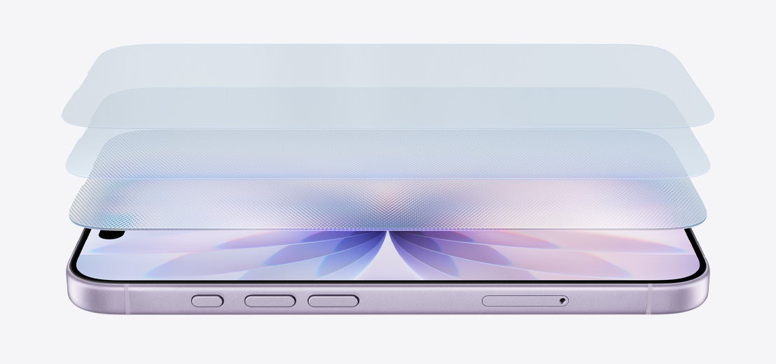 Seitenansicht eines liegenden iPhone 17 in Lavendel mit einem mehrschichtigen Design, das den Ceramic Shield 2 zeigt