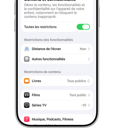 iPhone affichant les options de restrictions de contenu et de confidentialité pour un compte Enfant.
