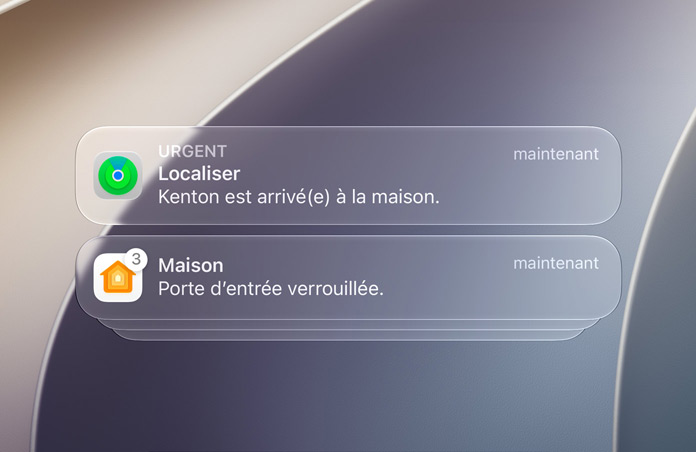 Écran verrouillé avec des notifications des apps Localiser et Maison.
