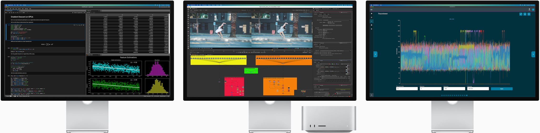 Mac Studio και τρία Studio Display στα οποία εμφανίζονται διάφορα macOS apps στην οθόνη
