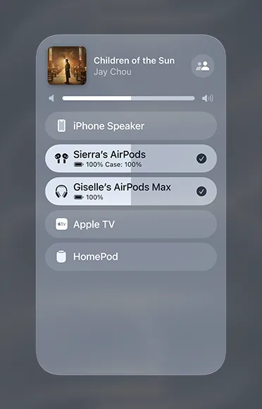 Image of a song on Apple Music playing on two different sets of AirPods.