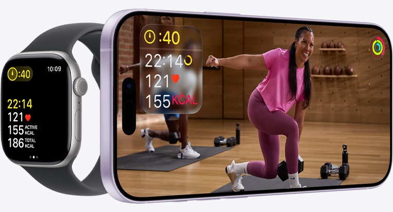 Apple Fitness+ app on an iPhone showing a workout with synchronized exercise metrics displayed on an Apple Watch