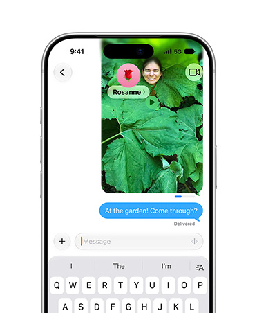 Screen shows a photo of a person posing in a leafy plant being sent in Messages with a send indicator status bar showing the send progress, sent message under image, text reads: At the garden! come through?