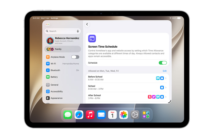 銀色 iPad Pro 11 吋的螢幕顯示設定 app 畫面，內有時間使用限制和螢幕使用時間時間表選項，用於為孩子設定使用時限和可用的媒體類別
