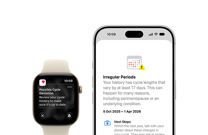 iPhone 18 Pro 及 Apple Watch Series 12，淺金色鋁金屬錶殼配以沙色運動錶帶，螢幕顯示健康 app 經期追蹤功能，展示關於「Possible Cycle Deviation」的更新