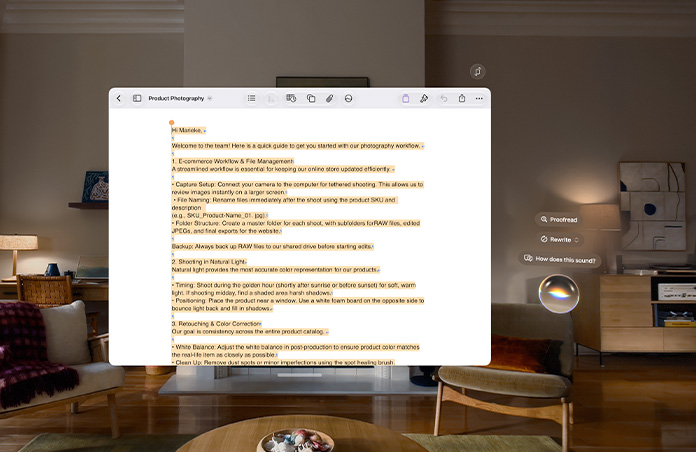 Apple Vision Pro 的畫面打開了一份有關攝影實踐指引的文件，Siri 撰寫提示懸浮在旁邊，提示包括「Proofread」、「Rewrite」，以及「How does this sound?」