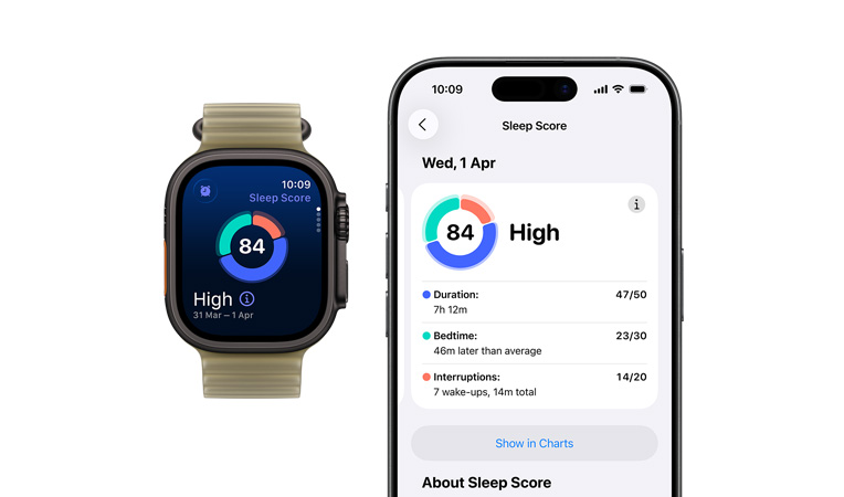 Apple Watch Ultra 4, fekete titántok, alvási pontszám kördiagramja és értékelés, áttetsző moszatzöld (halvány barnászöld) Óceán szíj, teljes alváselemzés megnyitva a párosított iPhone-on