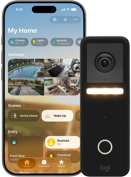 A HomeKit biztonságos videó funkcióit használó iPhone és biztonsági kamera képe