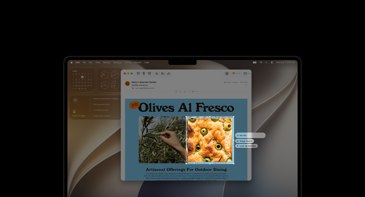Egy 14 hüvelykes asztrofekete MacBook Pro kijelzőjén egy étel- és egy növényfotót tartalmazó e-mail látható a Vizuális intelligencia használatának szemléltetésére. Egy olívás focaccia kerettel kijelölt képe mellett az „Ask Siri” (Kérje meg Sirit), valamint az „Image Search” (Képkeresés) és a „Look Up Nutrition” (Tápanyagok definiálása) lehetőségek szerepelnek