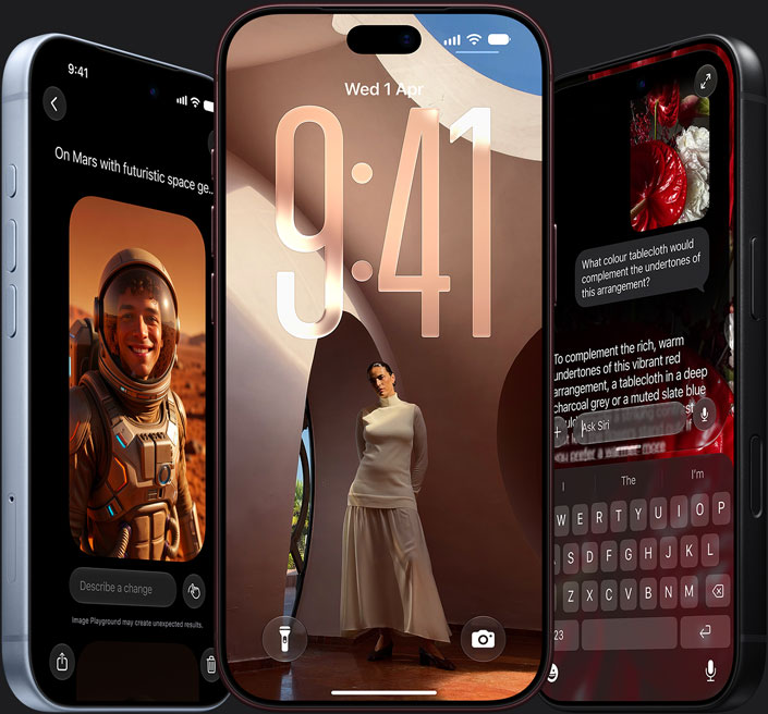 Siri AI - iPhone 18 Pro on the left, back, Glacier colour showing Siri image generation; iPhone 18 Pro Burgundy in the centre, displaying a lock screen; iPhone 18 Pro Max on the right, black, showing an Ask Siri query about complementary tablecloth covers
