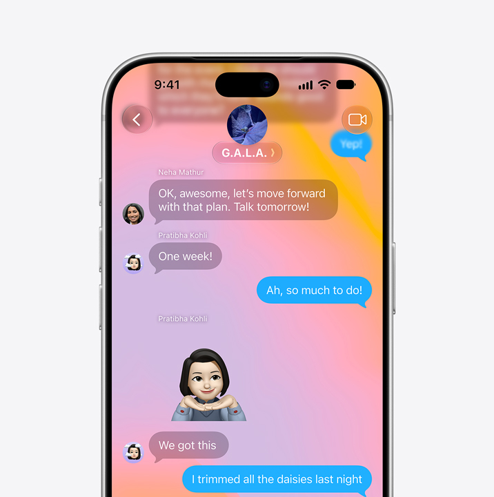 iPhone screen open to Messages app. Screen shows text conversation between two people that includes a Memoji.