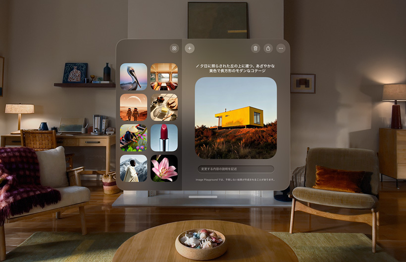 部屋の中に浮かんでいるApple Vision ProのImage Playgroundの画面。黄色いコテージの画像を作成している