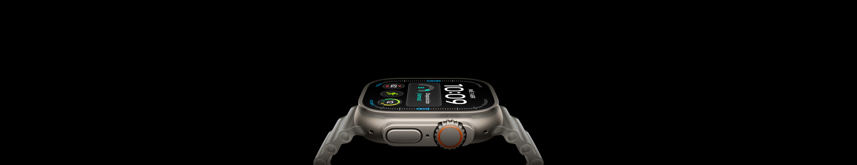 Apple Watch Ultra 4, caja de titanio, color natural, parte lateral derecha, Digital Crown, botón lateral en relieve, carátula digital, correa Ocean gris translúcido