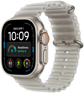 Apple Watch Ultra 4, titanium case, natural color, digital clock face, complications: day and date, readiness, heart rate, Workouts, temperature, right side exterior, Digital Crown, raised side button, Ocean Band, translucent gray color