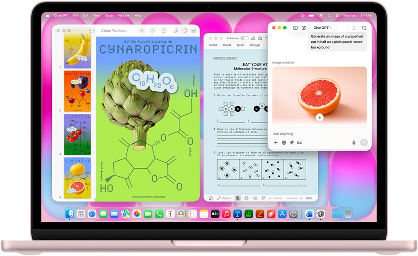 Rausvas „MacBook Neo“ naudoja „ChatGPT“ greipfruto vaizdui generuoti, kituose languose matomas „Keynote“ dokumentas, pavadintas „Molekulės plakatai“ su vaisių ir daržovių bei susijusių molekulių junginių vaizdais ir atitinkamas „Microsoft Word“ dokumentas