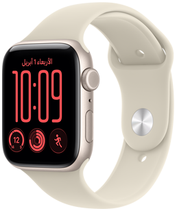 ساعة Apple Watch SE 3، إطار ألومنيوم، لون ضوء النجوم، الجهة الخارجية اليمنى، قرص التاج الرقمي، ميكروفون، الزر الجانبي، متصلة بحزام رياضي، لون رملي (أسمر فاتح)، نظام إغلاق بمشبك على شكل مسمار (مسمار باللون الفضي)