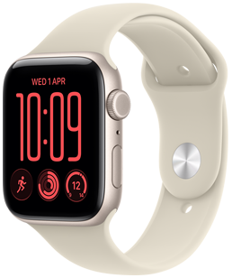 Apple Watch SE 3, aluminum case, starlight color, right side exterior, Digital Crown dial, microphone, side button, connected to Sport Band, sand color (pale tan), pin-and-tuck closure (silver pin)