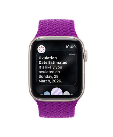 Apple Watch Series 12, aluminum case, space gray color, ovulation date estimated notification, Braided Solo Loop band, magenta color