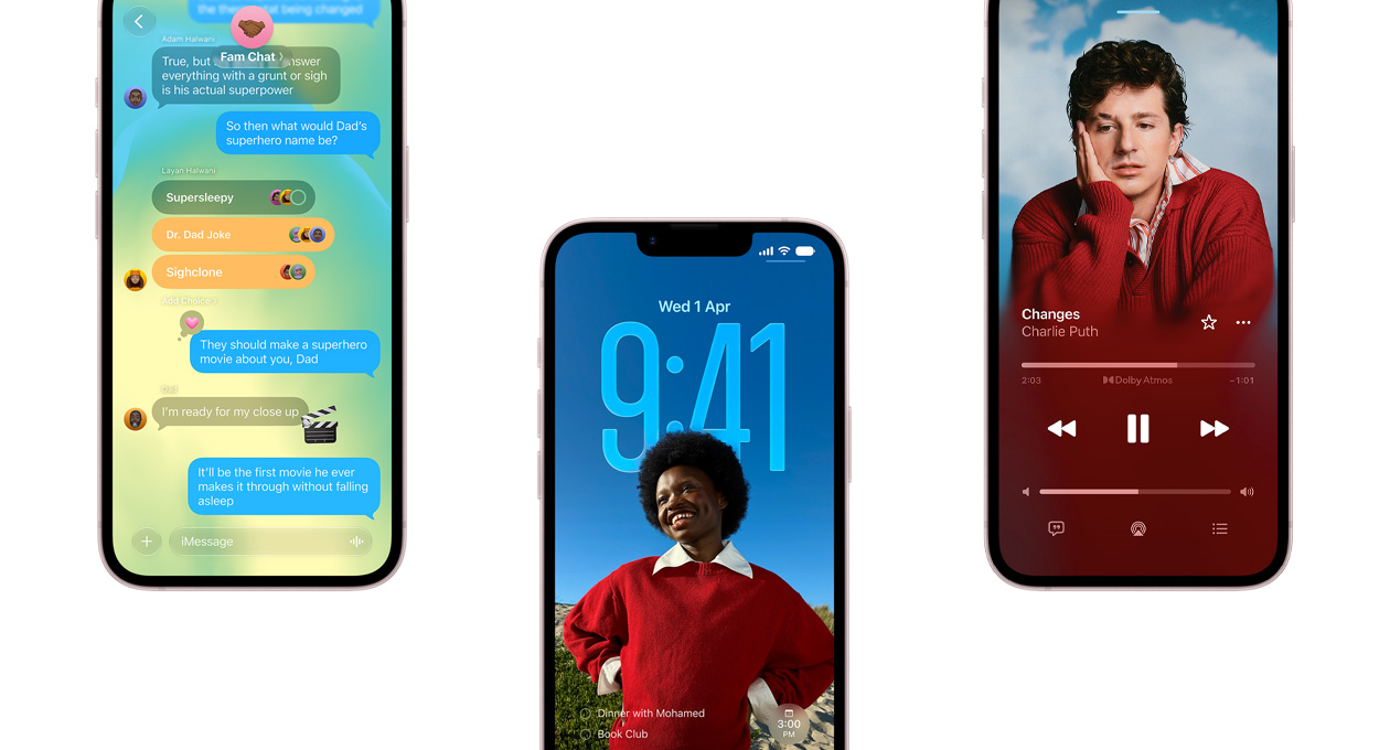 Three iPhone 17e devices, front exterior, showing Messages app with Liquid Glass design, dynamic Lock Screen, and screenshot feature with Calendar event in use