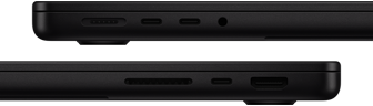 صورة تعرض منافذ MacBook Pro - الجهة اليسرى: MagSafe 3، و2 من منافذ ثندربولت، ومقبس لسماعات الرأس - الجهة اليمنى: فتحة بطاقة SDXC، ومنفذ ثندربولت واحد، وHDMI