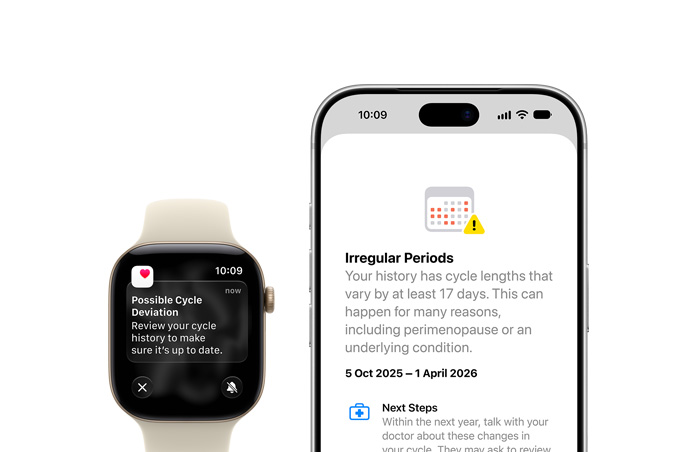Health app Cycle Tracking update of Possible Cycle Deviation on Apple Watch Series 12 Sand Sport Band with Aluminum Light Gold case and iPhone 18 Pro