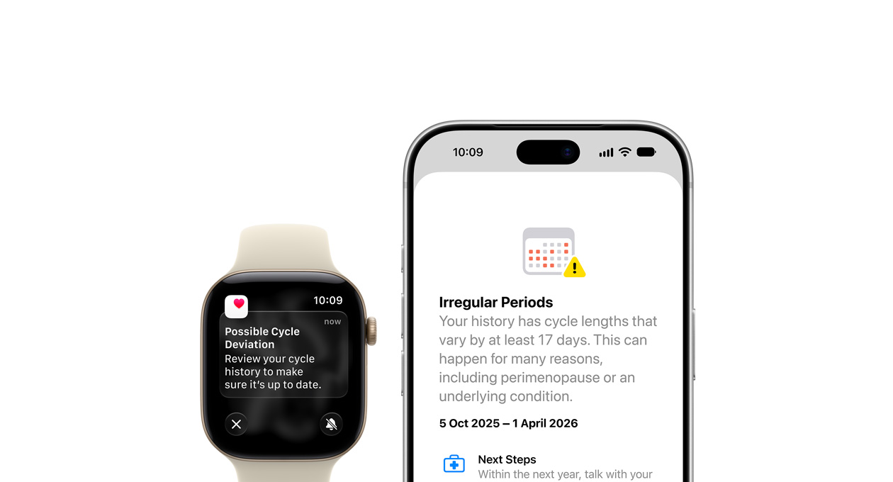 Health app Cycle Tracking update of Possible Cycle Deviation on Apple Watch Series 12 Sand Sport Band with Aluminum Light Gold case and iPhone 18 Pro