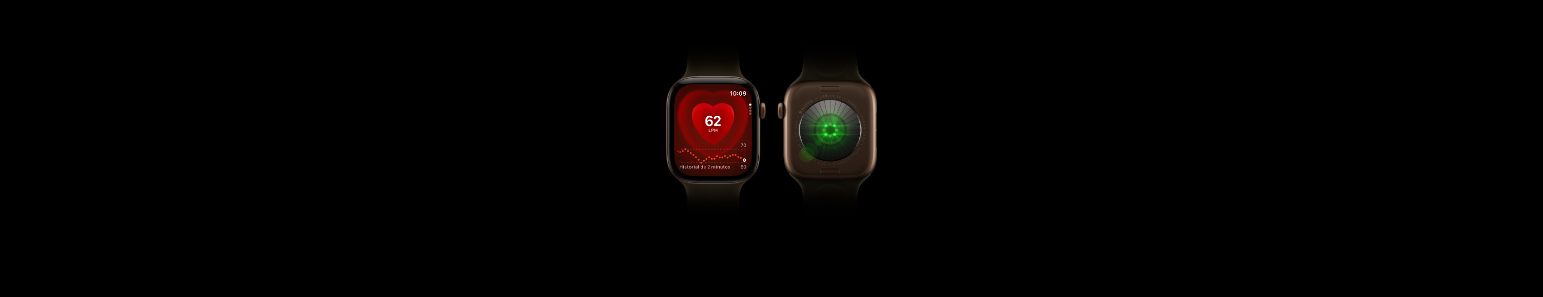 Dos dispositivos Apple Watch Series 12, caja de aluminio, color bronce oscuro, correa deportiva color oliva, uno muestra la parte frontal del reloj con la app Frecuencia Cardiaca, el otro muestra la parte posterior del reloj con el sistema de registro de datos de salud con luces LED verdes